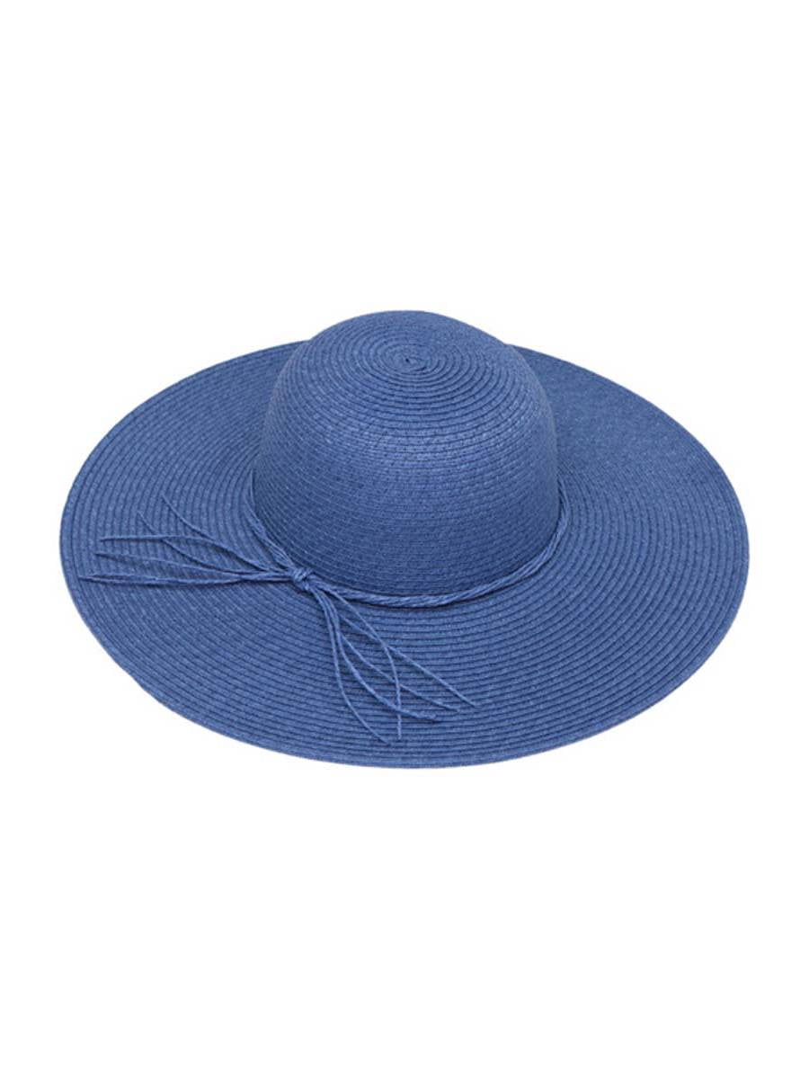 Womens Straw Wide Brim Floppy Sun Hat w/ String Band Blue