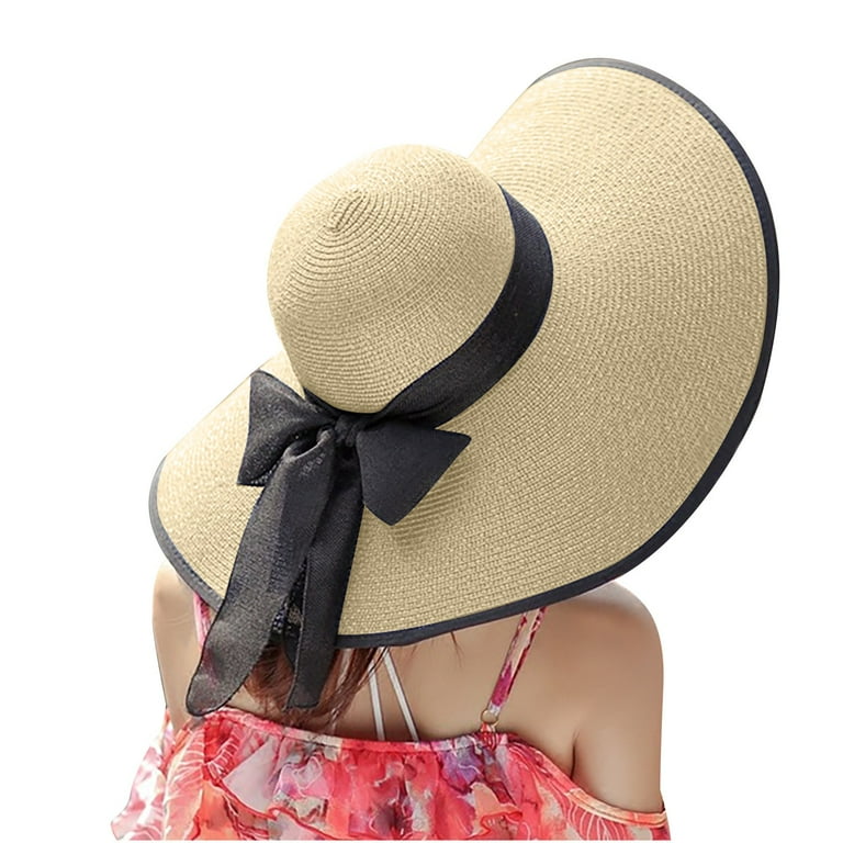 Womens Straw Wide Brim Sun Hats Floppy Foldable Packable Beach Cap Sun Hat  with Glasses Summer UV Protection UPF 50+ 