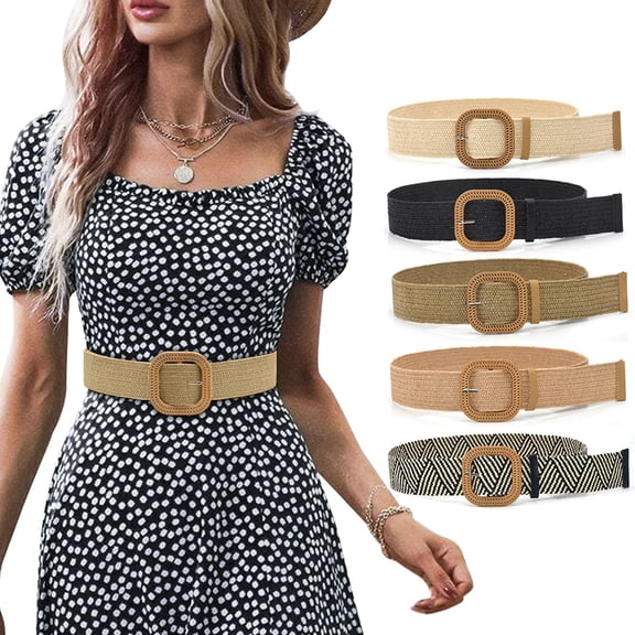 Womens Straw Woven Elastic Wide Waist Belt With Buckle For Dresses