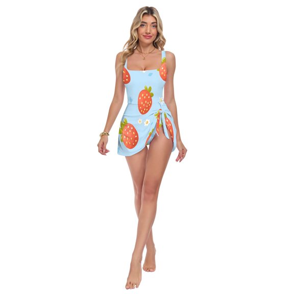 Womens Strawberries with Daisies on Blue Pattern Print 2-in-1 Swim Dress Detachable Skirt One-Piece Swimsuit Square Neck S-XXL