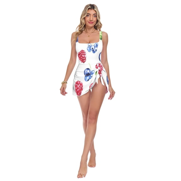 Womens Strawberry Blueberry Pattern Print 2-in-1 Swim Dress Detachable Skirt One-Piece Swimsuit Square Neck S-XXL