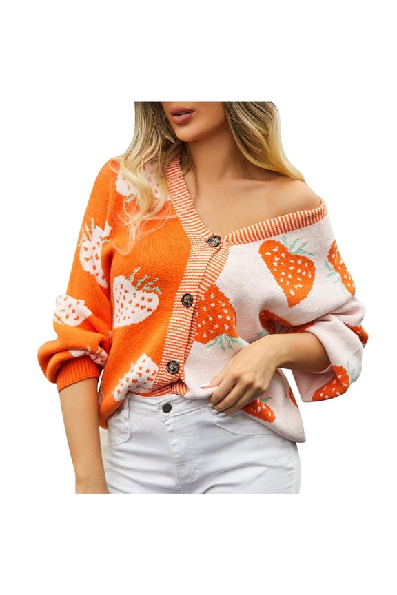 Womens Strawberry Cardigan Fall Long Sleeve Open Front Knit Sweater Casual Cute Graphic Cardigans Preppy Clothes Orange, XL