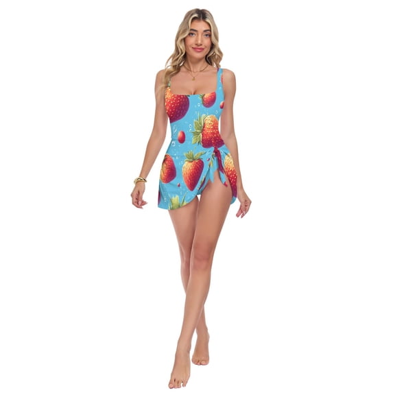 Womens Strawberry Pattern Print 2-in-1 Swim Dress Detachable Skirt One-Piece Swimsuit Square Neck S-XXL