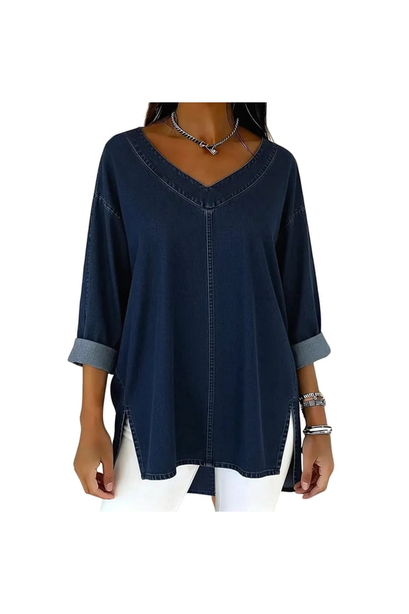 Womens Street Style Denim V Neck Top Casual Chic Blouse for Women Trendy Outfit and Daily Wear Deep Blue XXXL
