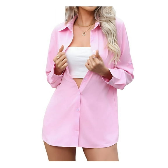 Womens Stretch Button Down Long Sleeve Shirt Soft Basic Wrinkle Free Work Business Formal Casual Blouse Pink XXL