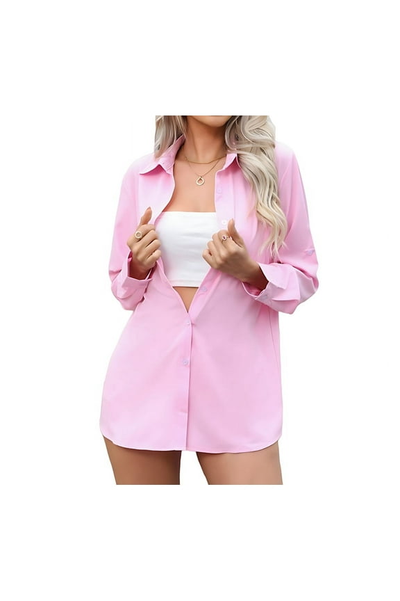 Womens Stretch Button Down Long Sleeve Shirt Soft Basic Wrinkle Free Work Business Formal Casual Blouse Pink XXL