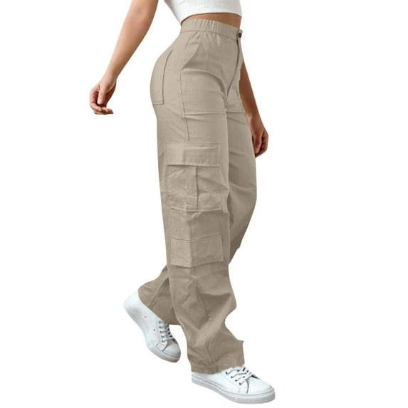 Womens Stretch Cargo Pants, Comdrip Cargo Pants for Women High Waisted Hiking Pants Baggy Stretchy Wide Leg Streetwear with 6 Pockets Cargos Pants Women Beige L