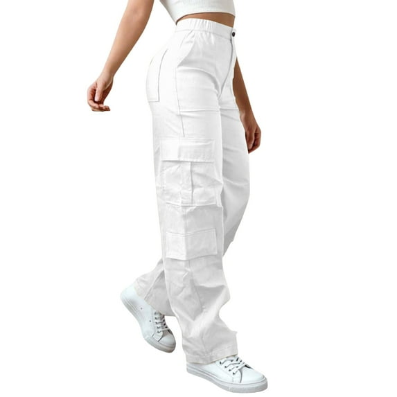 Womens Stretch Cargo Pants, Comdrip Cargo Pants for Women High Waisted Hiking Pants Baggy Stretchy Wide Leg Streetwear with 6 Pockets Cargos Pants Women White 4XL