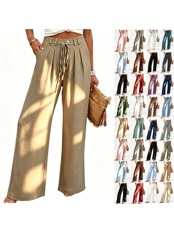 Womens Stretch Casual Long Pants, Solid Drawstring Waist Straight Leg Trousers with Side Pockets, Soft Polyester Spandex Fabric for Dating Beach Office Daily | TruHer,Black L