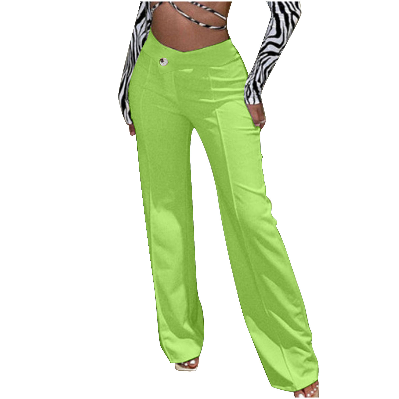 Womens Stretch Dressy Pants Crossover Button High Waisted Straight Wide Leg  Y2k Casual Work Office Trousers 