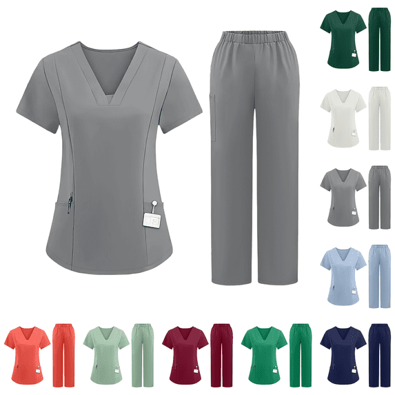 Womens Stretch V-Neck Cargo Scrub Set Pocket Cargo Pants 4-Way Stretch Moisture Wicking Straight Leg Nurse Uniforms Grey S