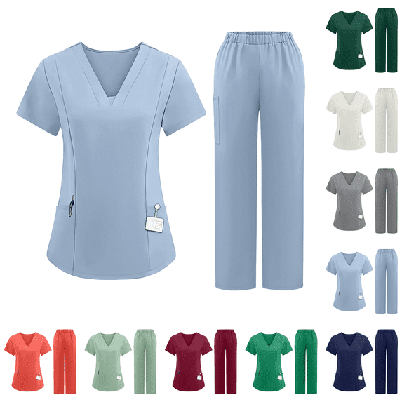 Womens Stretch V-Neck Cargo Scrub Set Pocket Cargo Pants 4-Way Stretch Moisture Wicking Straight Leg Nurse Uniforms Light Blue M