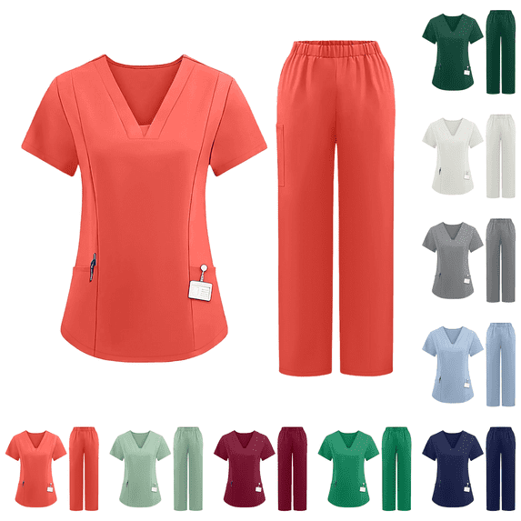 Womens Stretch V-Neck Cargo Scrub Set Pocket Cargo Pants 4-Way Stretch Moisture Wicking Straight Leg Nurse Uniforms Red XL