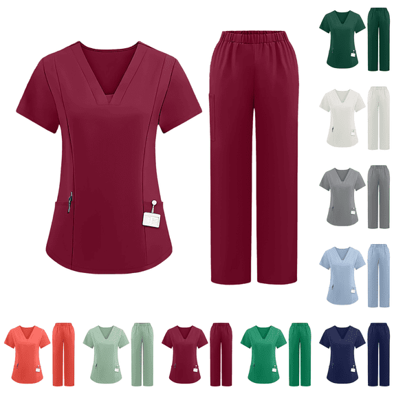 Womens Stretch V-Neck Cargo Scrub Set Pocket Cargo Pants 4-Way Stretch Moisture Wicking Straight Leg Nurse Uniforms Wine S