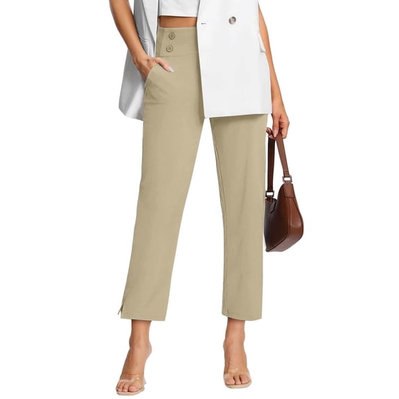 Womens Stretch Work Pants for Office, High Rise Straight Leg Trousers with Pockets, Wrinkle-Free Business Casual Bottom for Women