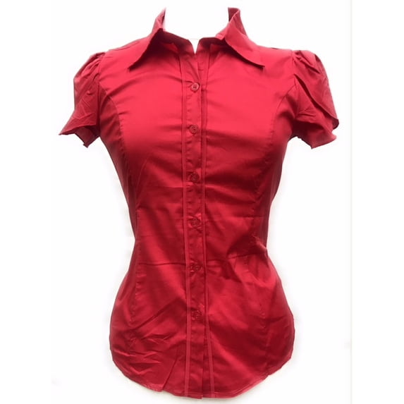 Womens Stretch Woven Button Down Short Sleeve Shirt