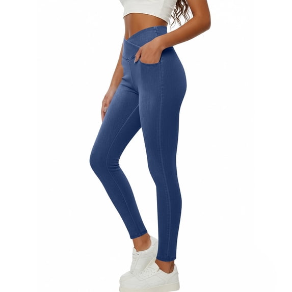 Womens Stretchable Jeggings Workout Bottoms Solid Color Elastic Waist Pockets Length Pants False Jeans Size S-2XL