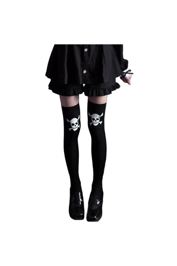 Womens Stretchable Over Knee Socks With Skull Print Soft Nylon Fabric Thigh High Stockings For Halloween Costume Parties
