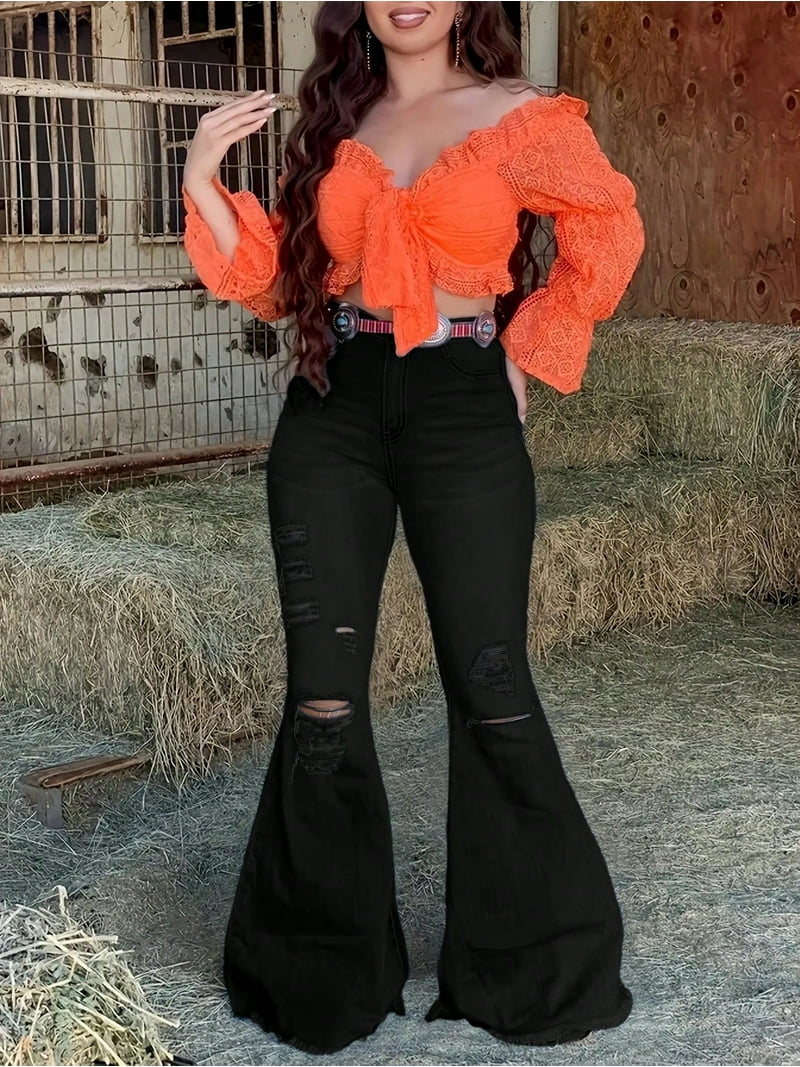 Womens Pants Ruffle Bell Bottom Pants Denim Women's High Waist