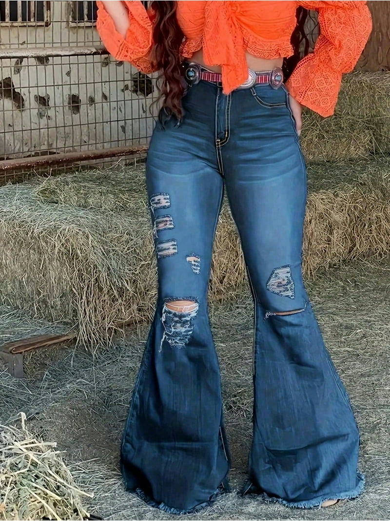 Womens Stretchy Baggy Pants Distressed Flare Jeans Sexy Retro Full