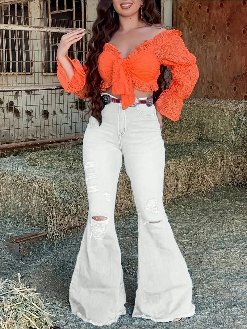 Womens Stretchy Baggy Pants Distressed Flare Jeans Sexy Retro Full