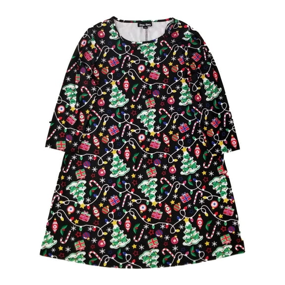 Womens Stretchy Black Christmas Bulbs Light Trees Candy Canes Dress Large