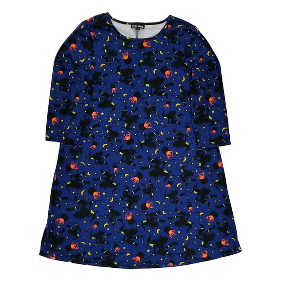 Womens Stretchy Blue Halloween Witches Broom Boiling Cauldrons October Dress M