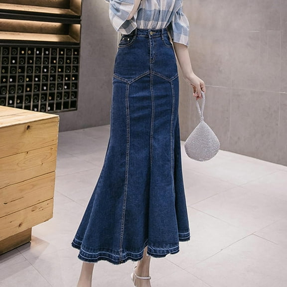 Womens Stretchy Denim Midi Maxi Skirts Casual A Line Slim Fit Fishtail Ruffle Bodycon High Waist Jean Denim Skirt Plaid Skirt for Women Bed Skirts for Adjustable Bed Skirt Denim Overall Skirt High