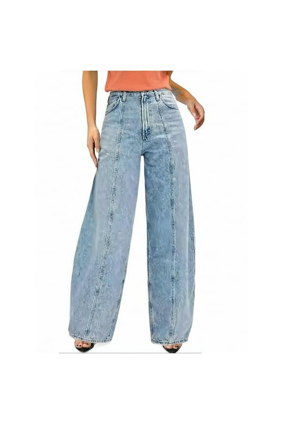 Women's Wide Leg Washed Jeans Stretchy Elastic Waist Pull on Pants Loose Denim Pants Trendy 2025