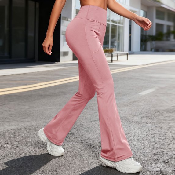 Womens Stretchy Flare Yoga Leggings Solid Color Elastic Waist Soft Comfy Fabric Casual Athletic Gym Workout Daily Wear Fashion Ladies Wear Pink XXL