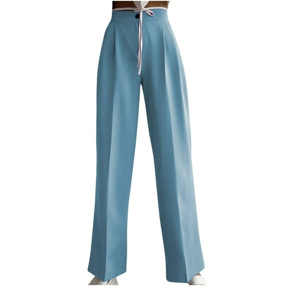 Womens Stretchy High Waisted Straight Suit Pants Solid Color Casual Loose Wide Leg Pull On Pants Trousers for Work