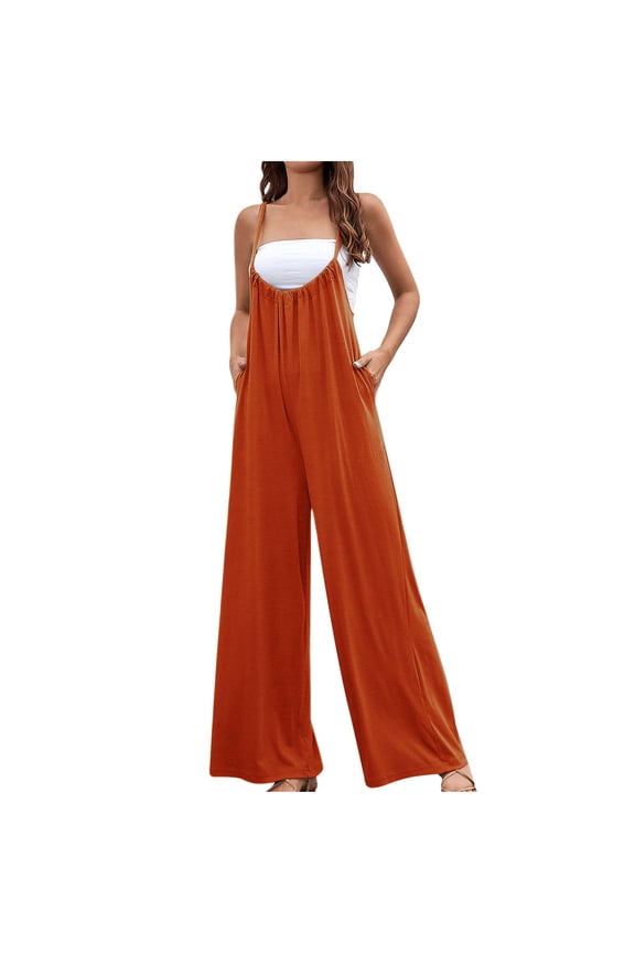 Womens Stretchy Jumpsuits Casual Overalls Jumpers Adjustable Spaghetti Straps One Piece Rompers with Pockets Orange S