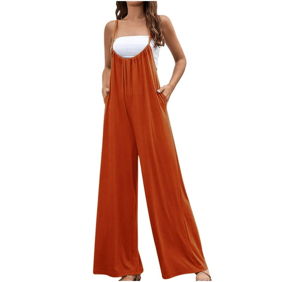 Womens Stretchy Jumpsuits Casual Overalls Jumpers Adjustable Spaghetti Straps One Piece Rompers with Pockets Orange XXL