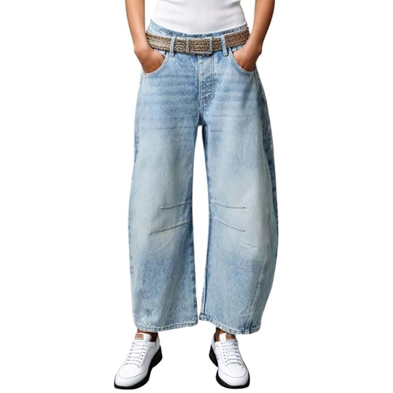 Womens Stretchy Mid Rise Barrel Jeans Vintage Loose Wide Leg Cropped Denim Pants Jeans