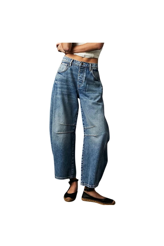 Womens Stretchy Mid Rise Barrel Jeans Vintage Loose Wide Leg Cropped Denim Pants Jeans