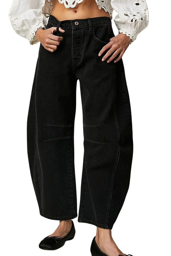 Womens Stretchy Mid Rise Barrel Jeans Vintage Loose Wide Leg Cropped Denim Pants Y2k Baggy Boyfriend Jeans