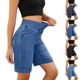 thumbnail image 1 of Womens Stretchy Pull-On Denim Shorts, High Rise Comfort Fit Jean Shorts with Side Pockets Black L, 1 of 6