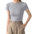 thumbnail image 1 of Womens' Stretchy Ribbed High Neck Short Sleeve Gym Workout Slim Fitted Casual Full Length Top T-Shirt Gray S, 1 of 9