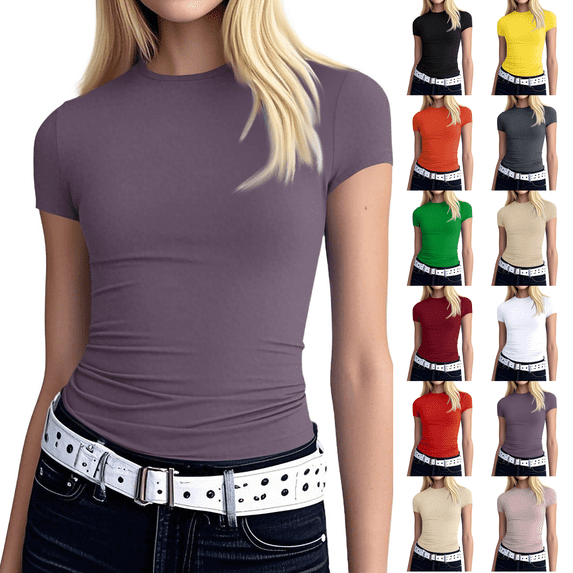 Womens Stretchy Ribbed High Neck Short Sleeve Gym Workout Slim Fitted Casual Full Length Top T-Shirt Purple L