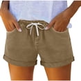 thumbnail image 1 of Womens Stretchy Shorts Summer Casual Drawstring Elastic Waist Shorts with Pockets Bottom Hem Folding Design Khaki, 1 of 7