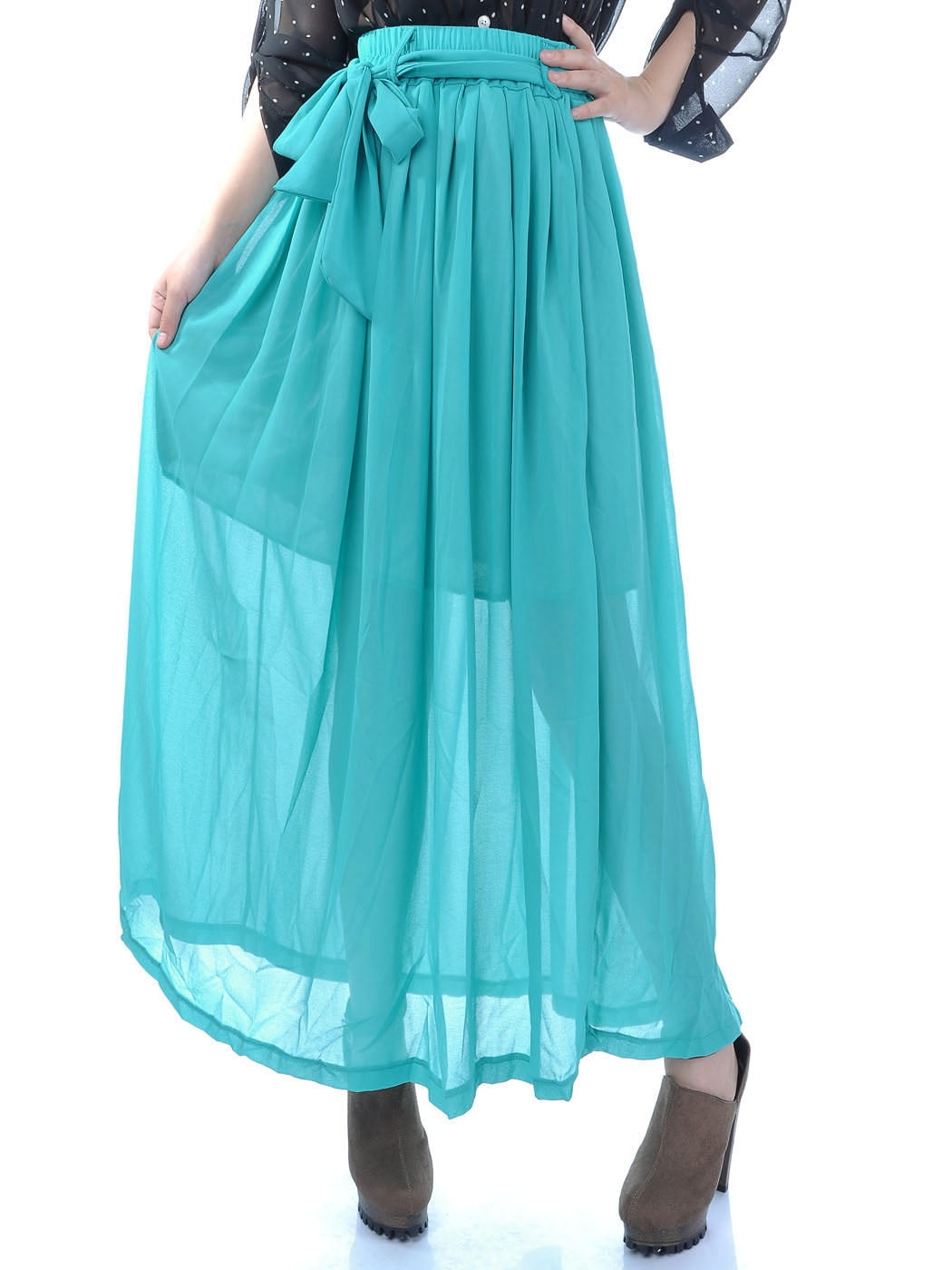 Womens Stretchy Turquoise Blue Belted Chiffon High Waisted Maxi Skirt