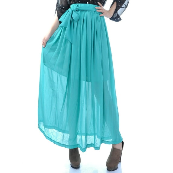 Womens Stretchy Turquoise Blue Belted Chiffon High Waisted Maxi Skirt