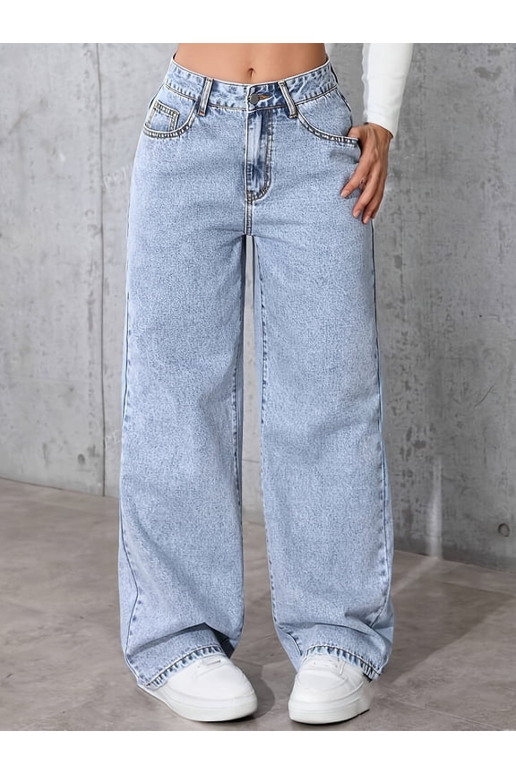Womens Stretchy Wide Leg Jeans Straight Fit Denim Pants Mid Rise Casual Comfort Trousers Stylish Everyday Wear