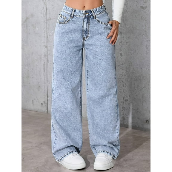 Womens Stretchy Wide Leg Jeans Straight Fit Denim Pants Mid Rise Casual Comfort Trousers Stylish Everyday Wear