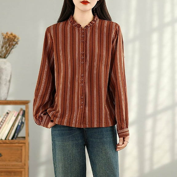 Womens Stripe Blouse Peasant Ruffle Neck Button Down Long Sleeve Gingham Blouse Shirts