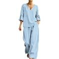 thumbnail image 1 of Womens Stripe Casual Two Piece Outfit V-Neck 3/4 Bell Sleeve Top Elastic Waist Wide Leg Pants with Pockets Loungewear Set Light Blue M(M), 1 of 7