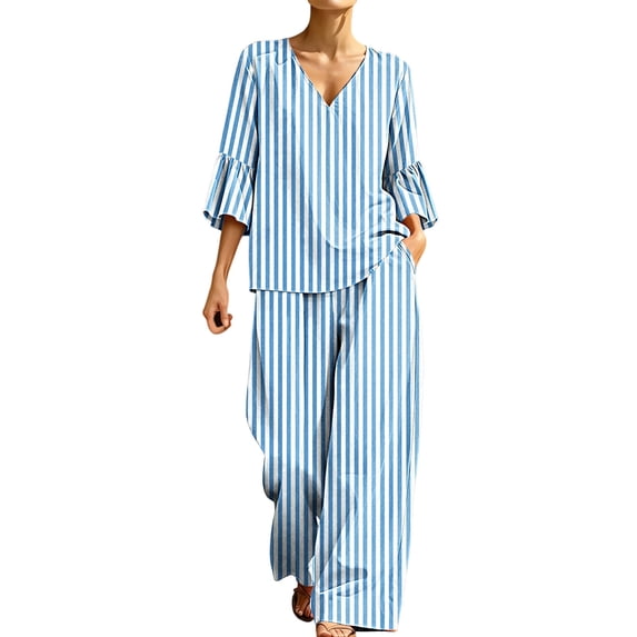 Womens Stripe Casual Two Piece Outfit V-Neck 3/4 Bell Sleeve Top Elastic Waist Wide Leg Pants with Pockets Loungewear Set Light Blue M(M)