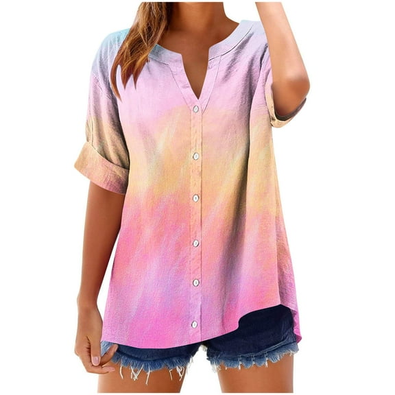 Womens Stripe Color Block Shirts Casual V Neck Short Sleeve Dressy Tunic Tops Summer Printed Loose Tee Blouses