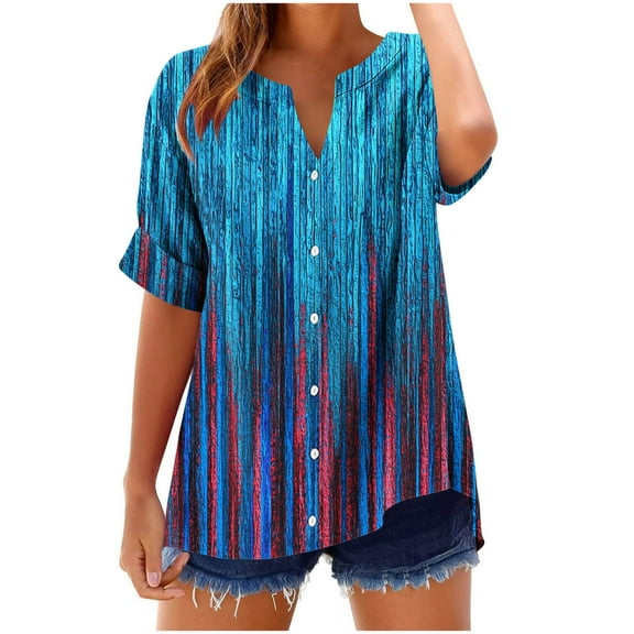Womens Stripe Color Block Shirts Casual V Neck Short Sleeve Dressy Tunic Tops Summer Printed Loose Tee Blouses