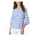 thumbnail image 1 of Womens Stripe Cotton Crew Neck Elbow Bell Sleeve Top Amparo Blue And Nyc White L, 1 of 3